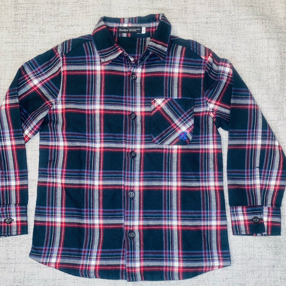3T Bebe Navy blue and red plaid cotton button-up shirt. French brand.